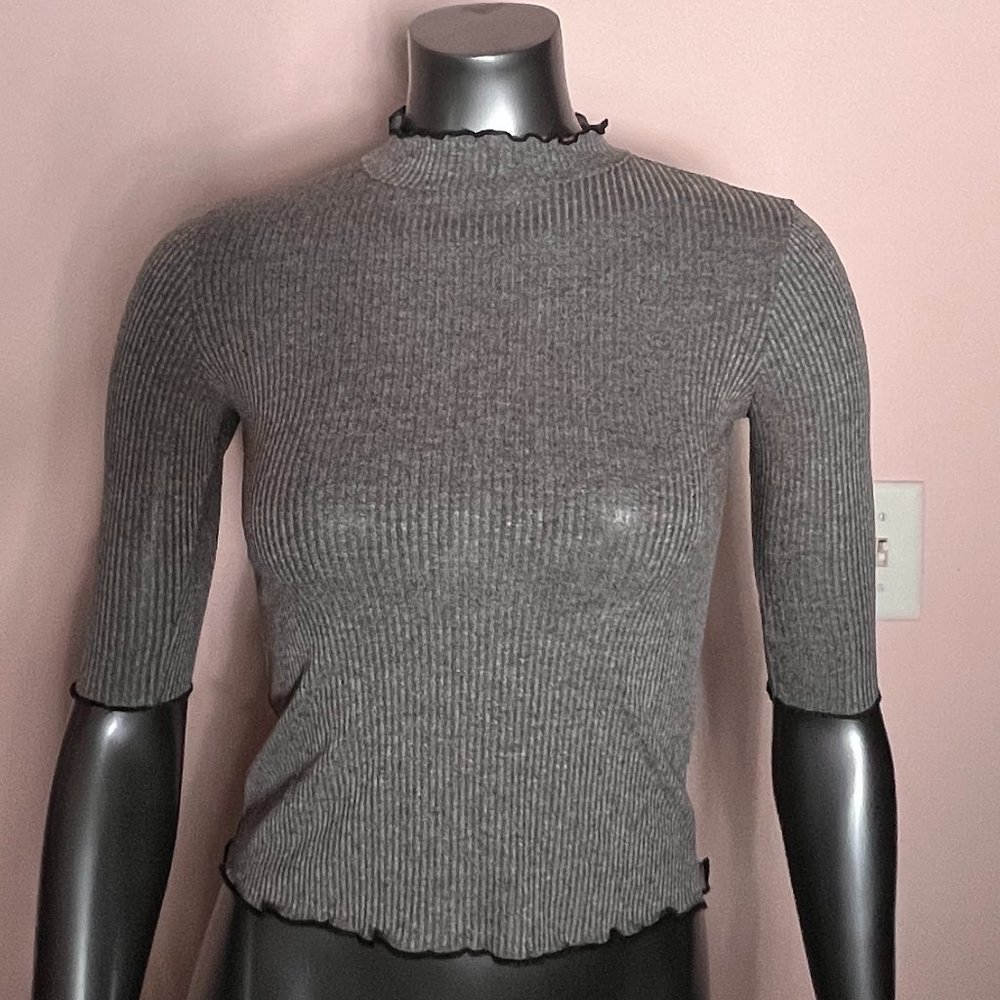 See You Monday Heather Gray Ribbed Mock Neck Short Sleeve Sweater
